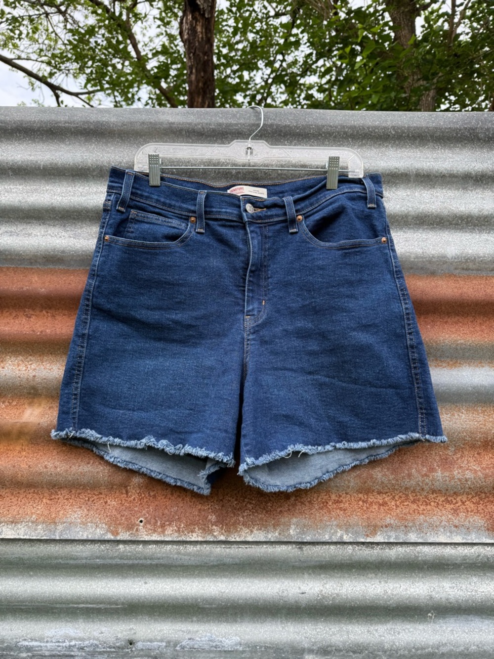Signature by Levi Strauss Dark Blue Denim High-Waist Frayed Hem Shorts